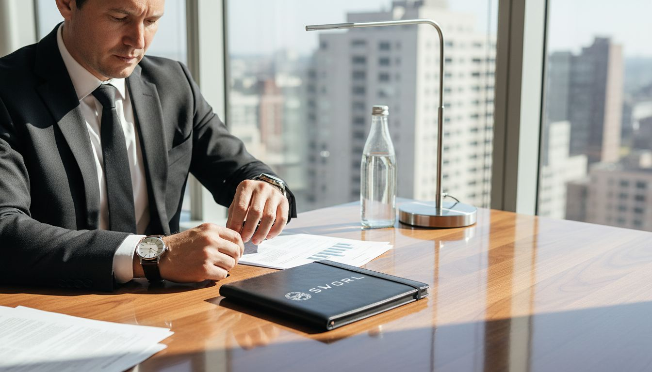 Man adjusts dual watches in corner office