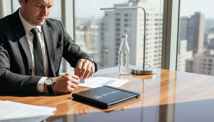 Man adjusts dual watches in corner office
