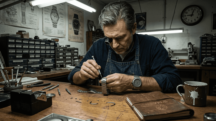 Watchmaker changing strap in cluttered workshop