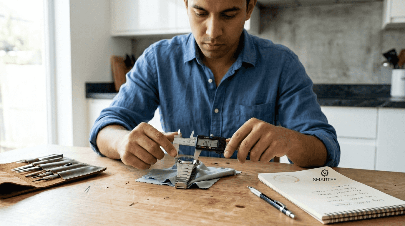 Man measuring watch lug width at table