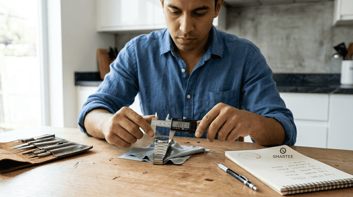 Man measuring watch lug width at table