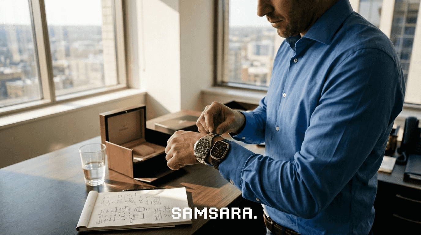 Man adjusting two watches on wrist in office