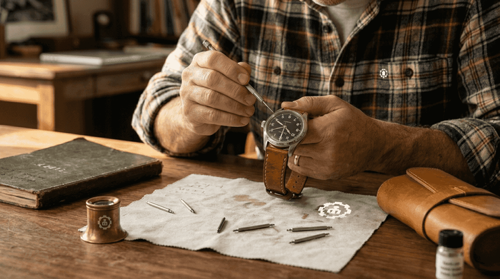 Watch collector preparing spring bar workspace