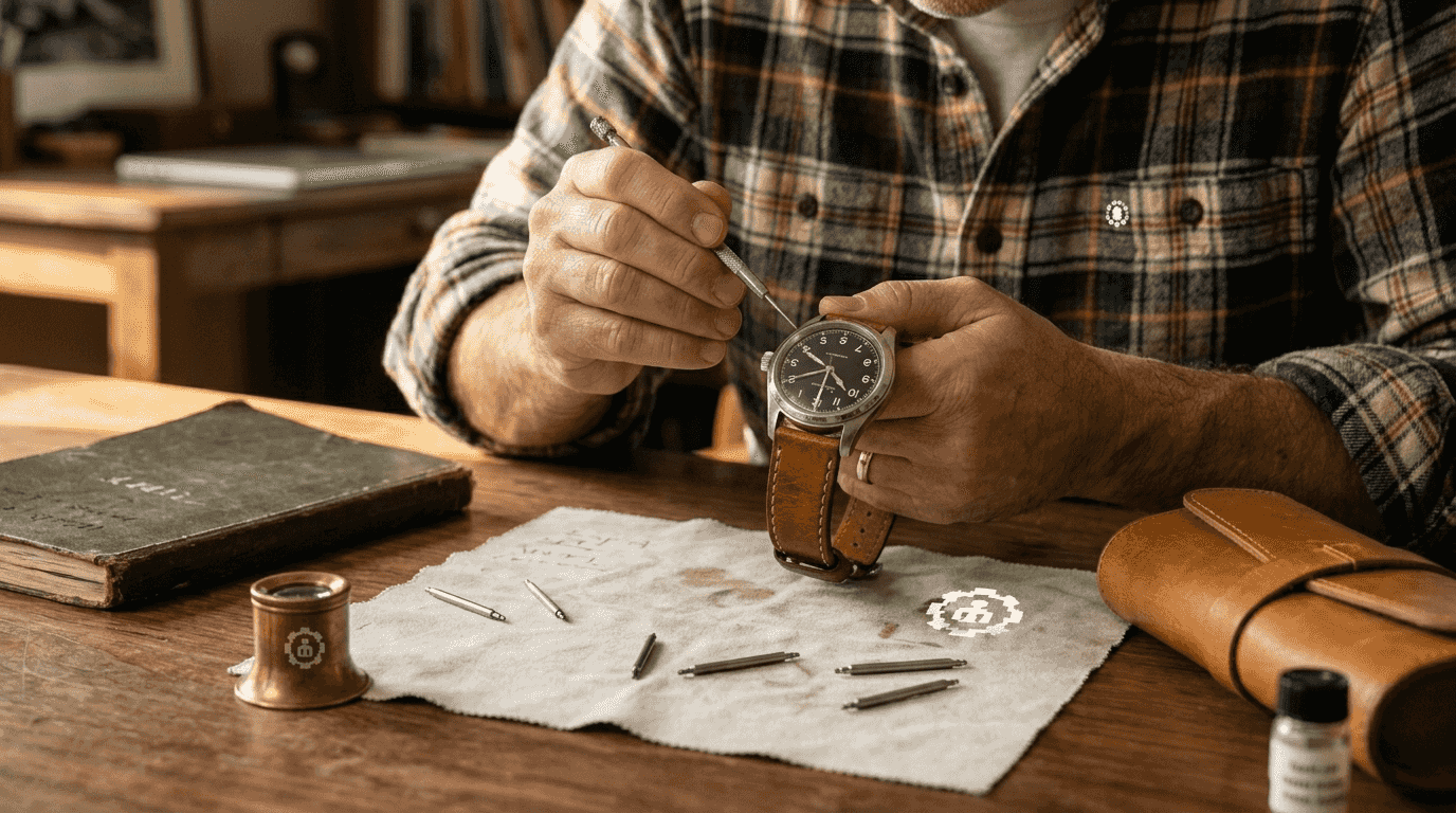 Watch collector preparing spring bar workspace