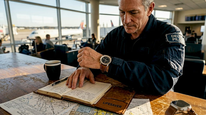 Pilot wearing Navitimer and Apple Watch at table