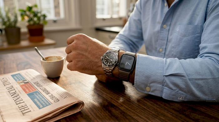 Rolex and Apple Watch worn together on one wrist