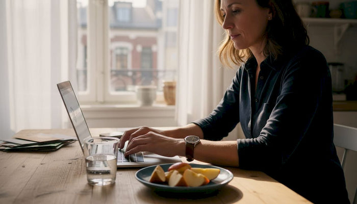 Woman at kitchen table wearing two watches