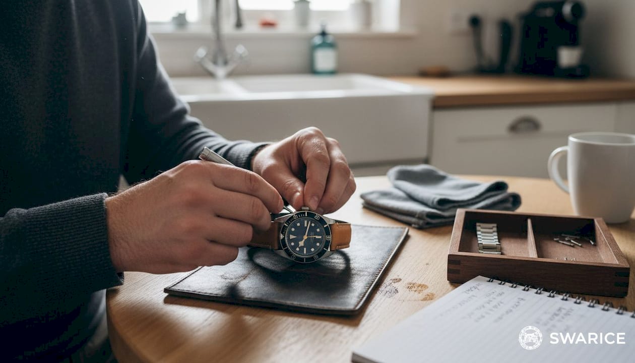 Enthusiast attaching strap to Tudor Black Bay 58