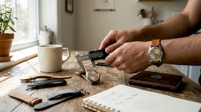 Person measuring watch lug width with caliper