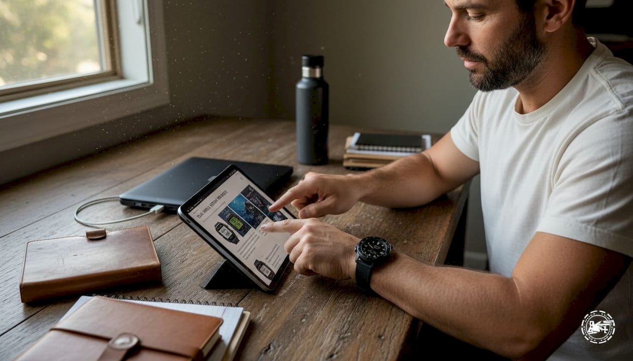 Diver athlete wearing two watches at desk