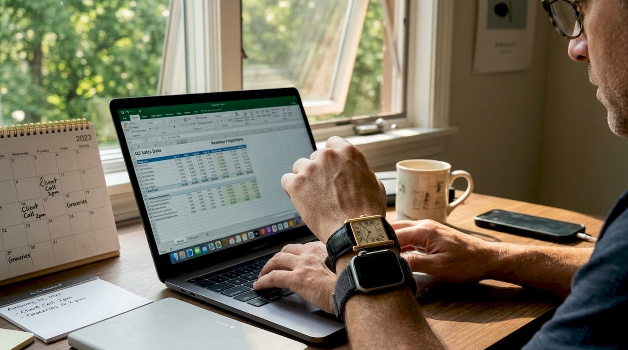 Person wearing Cartier and Apple Watch at home office desk