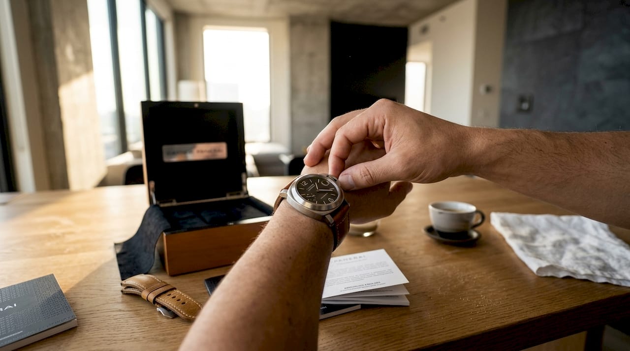 Enthusiast winding Panerai Luminor at table