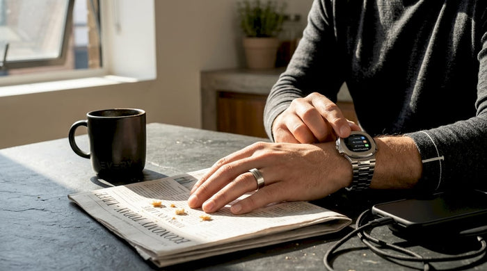 Man using smartwatch and ring at kitchen table