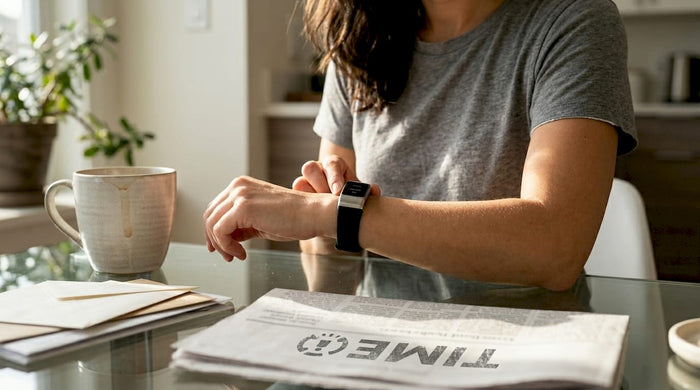 Woman checks wrist wearable in kitchen