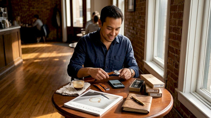 Collector swapping modular watch straps in café