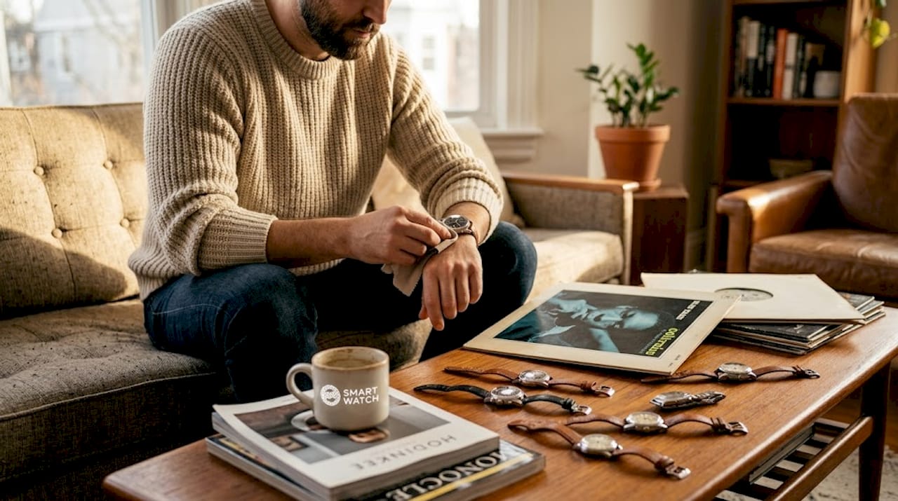 Un hombre limpiando un reloj antiguo junto a unos discos de vinilo