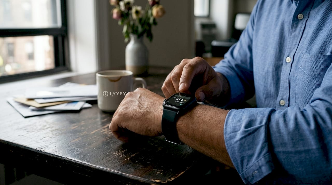 Person checking smartwatch glucose readings at kitchen table