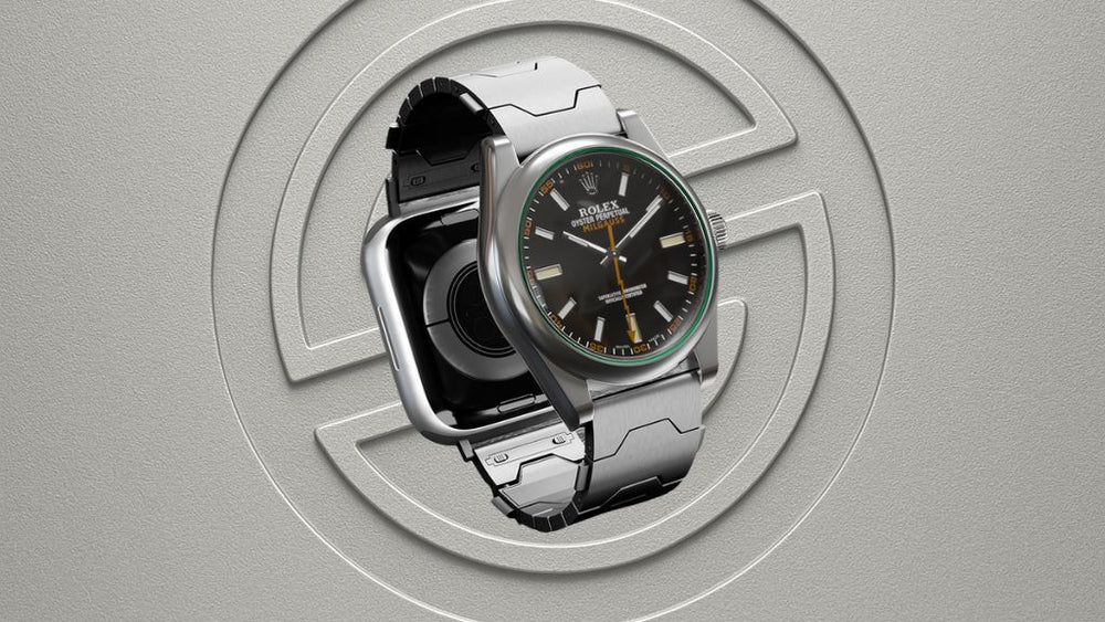 Smartlet One worn with a mechanical watch and Apple Watch on the same wrist