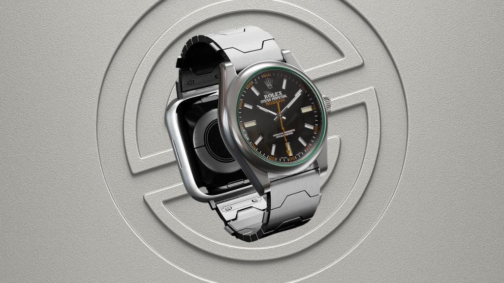 Smartlet Classic adapter holding an Apple Watch alongside a Hamilton Khaki Field on the wrist, showing dual watch positioning