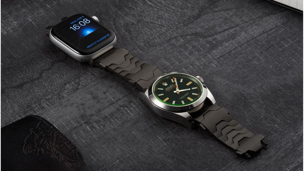 Smartlet Shadow adapter with mechanical watch and Apple Watch on the same wrist - solving the dual watch problem without the two-wrist compromise